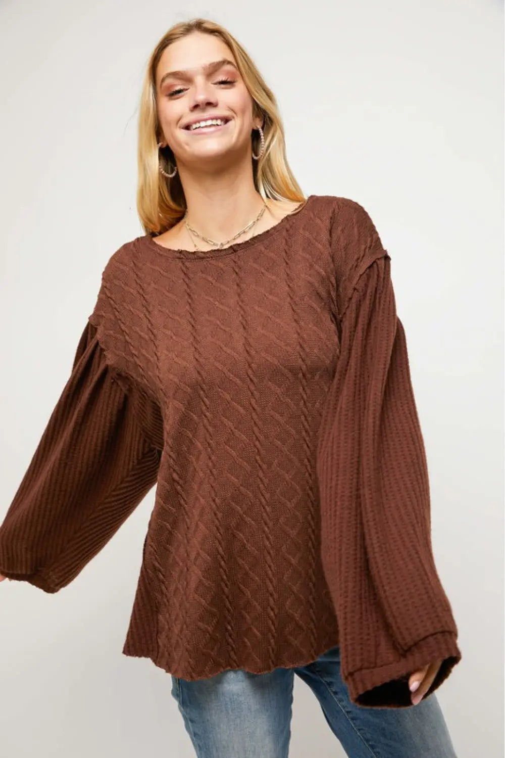 Davi & Dani Full Size Waffle-Knit Round Neck Top - Scarlett's Riverside Boutique