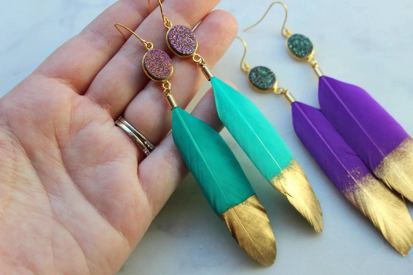 Mardi Gras Druzy Feather Earrings, Mardi Gras Jewelry - Scarlett's Riverside Boutique