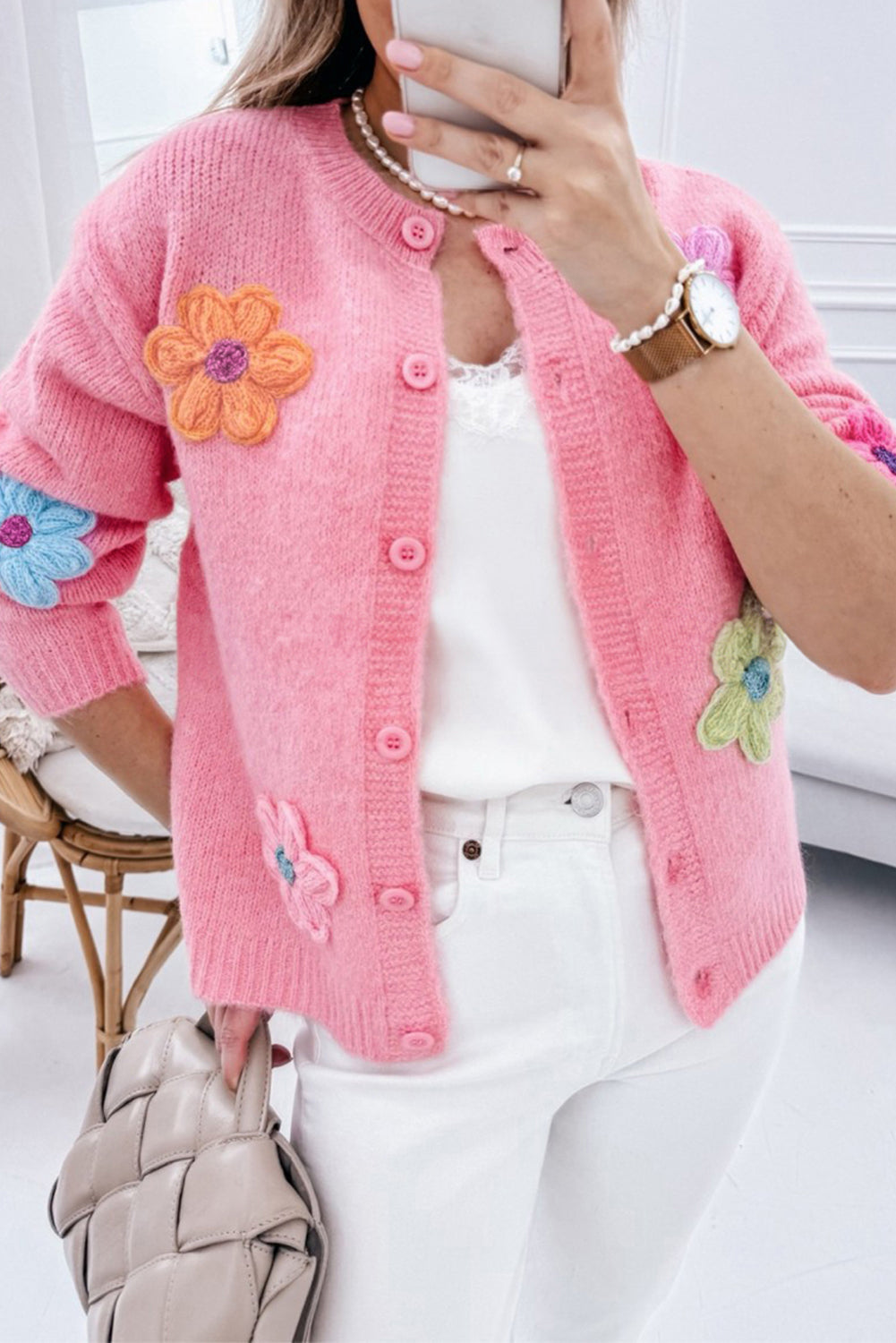 Pink Cute Knitted Floral Pattern Button Up Cardigan - Scarlett's Riverside Boutique 