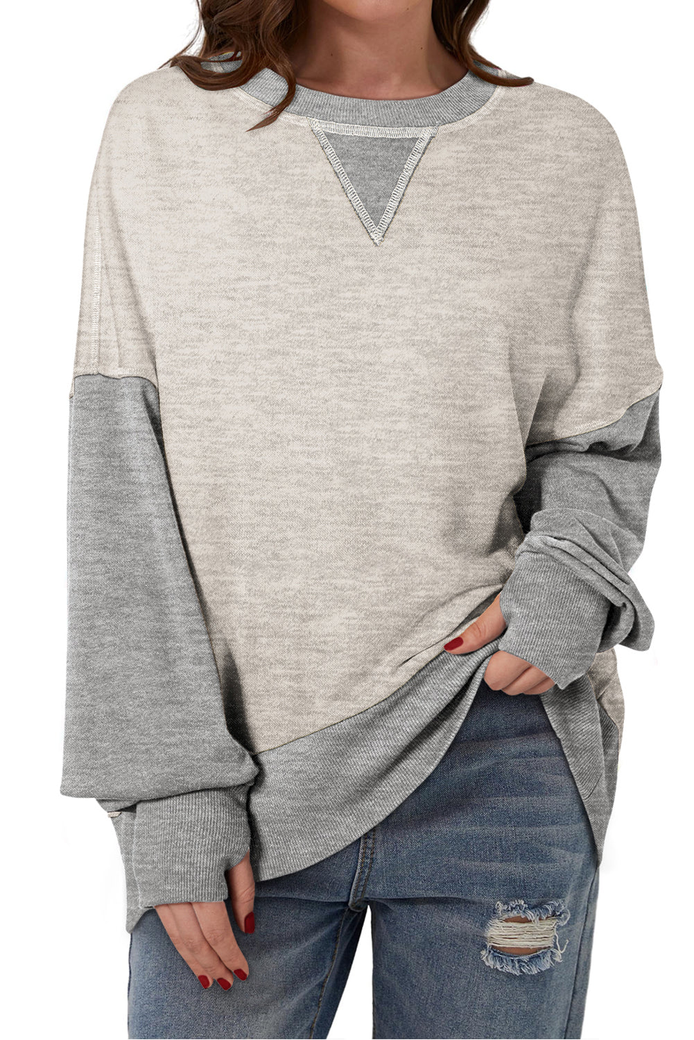 Light Grey Color Block Thumbhole Sleeve Drop Shoulder Sweatshirt - Scarlett's Riverside Boutique 