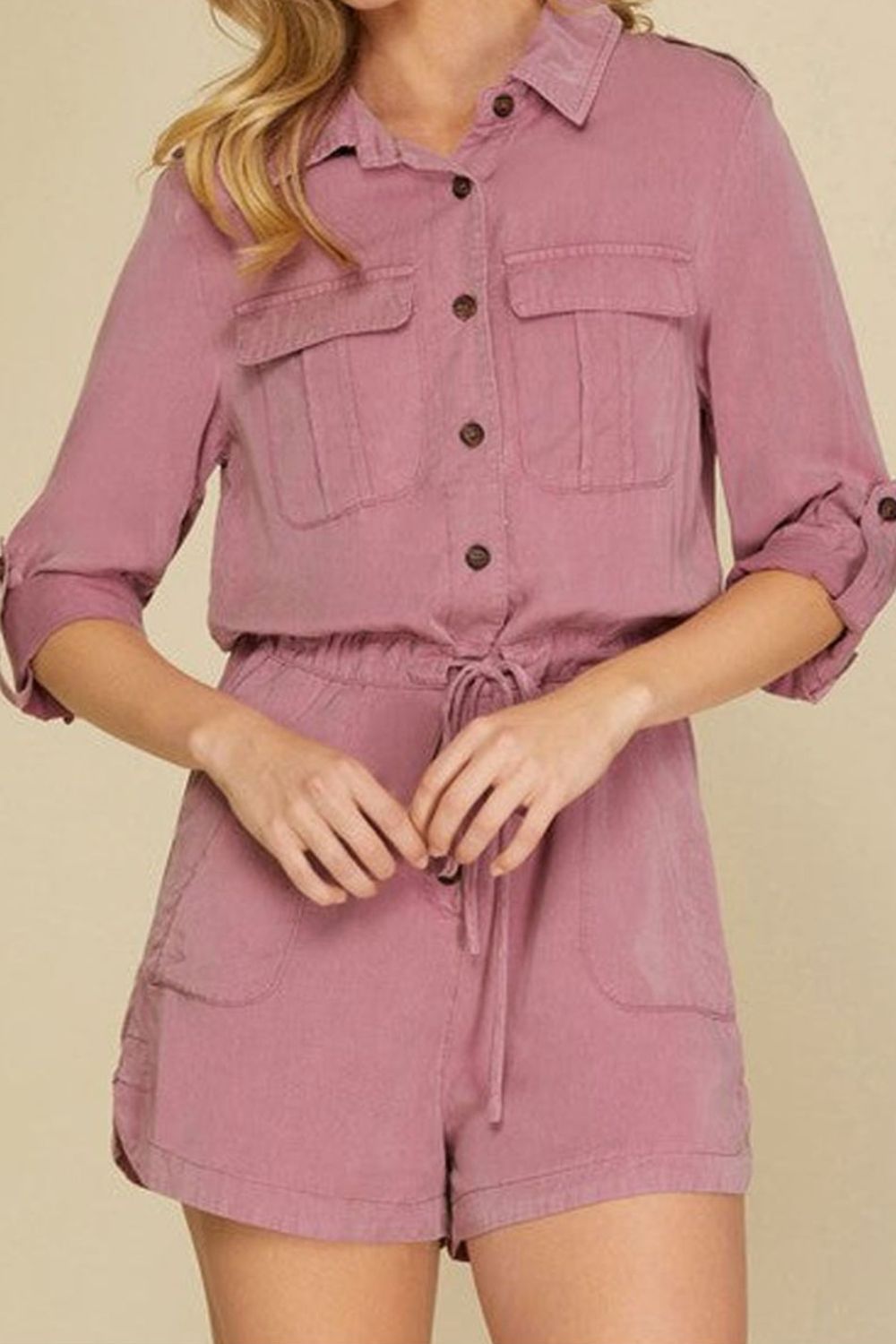 Collared Neck Drawstring Roll-Tab Sleeve Romper - Scarlett's Riverside Boutique 