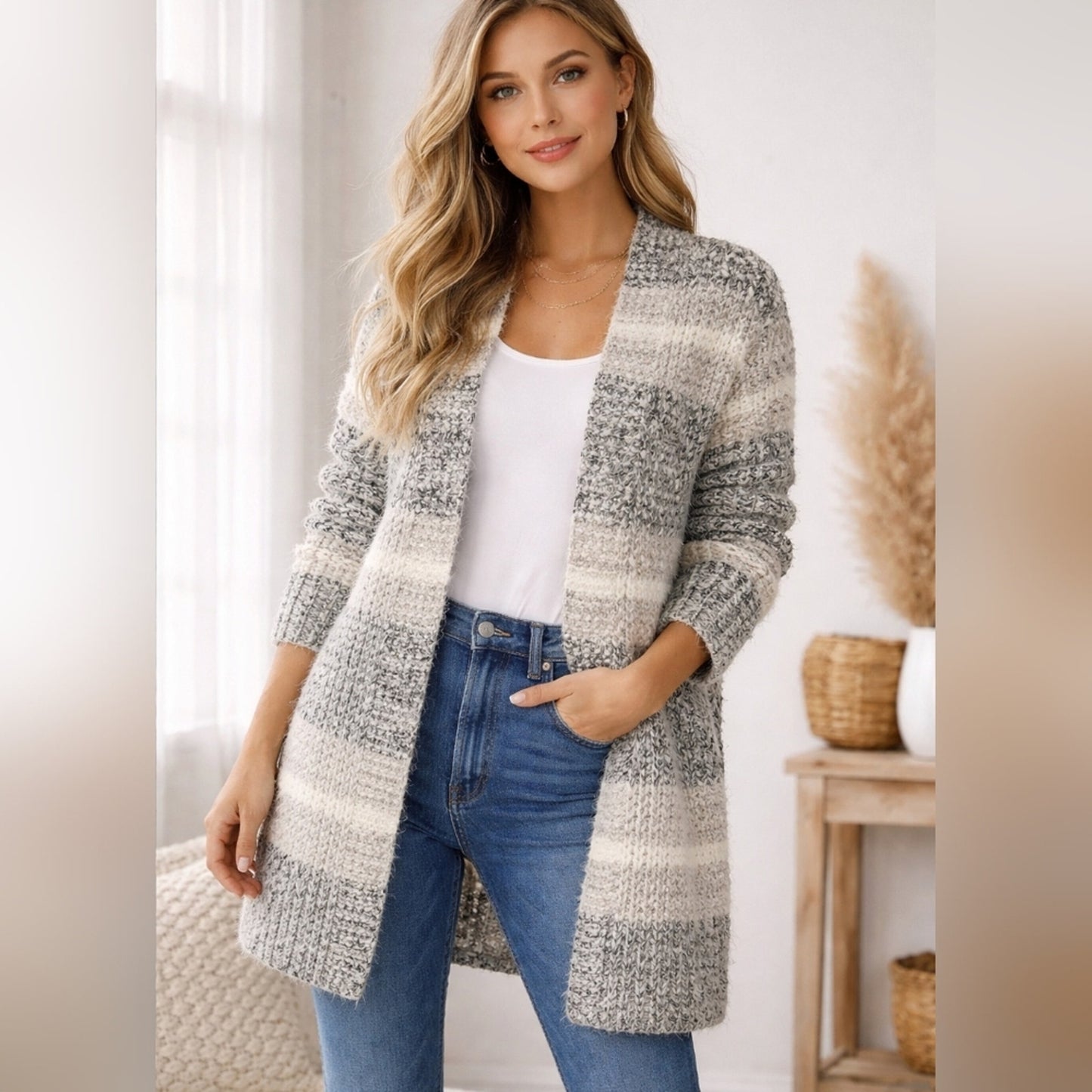 Maurices Size M, Chunky Knit Open Front Cardigan – Gray & Cream Striped Cozy.C34