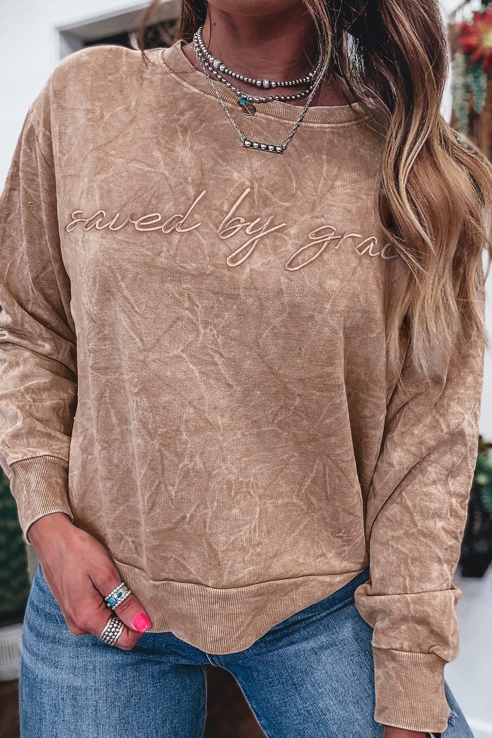 Mineral Red saved by grace Letter Embroidery Mineral Wash Loose Sweatshirt