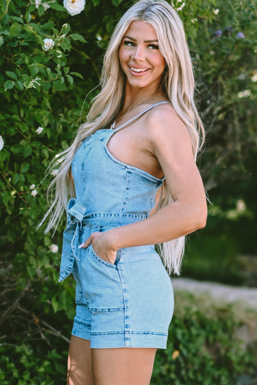 Tied Spaghetti Strap Denim Romper - Scarlett's Riverside Boutique 