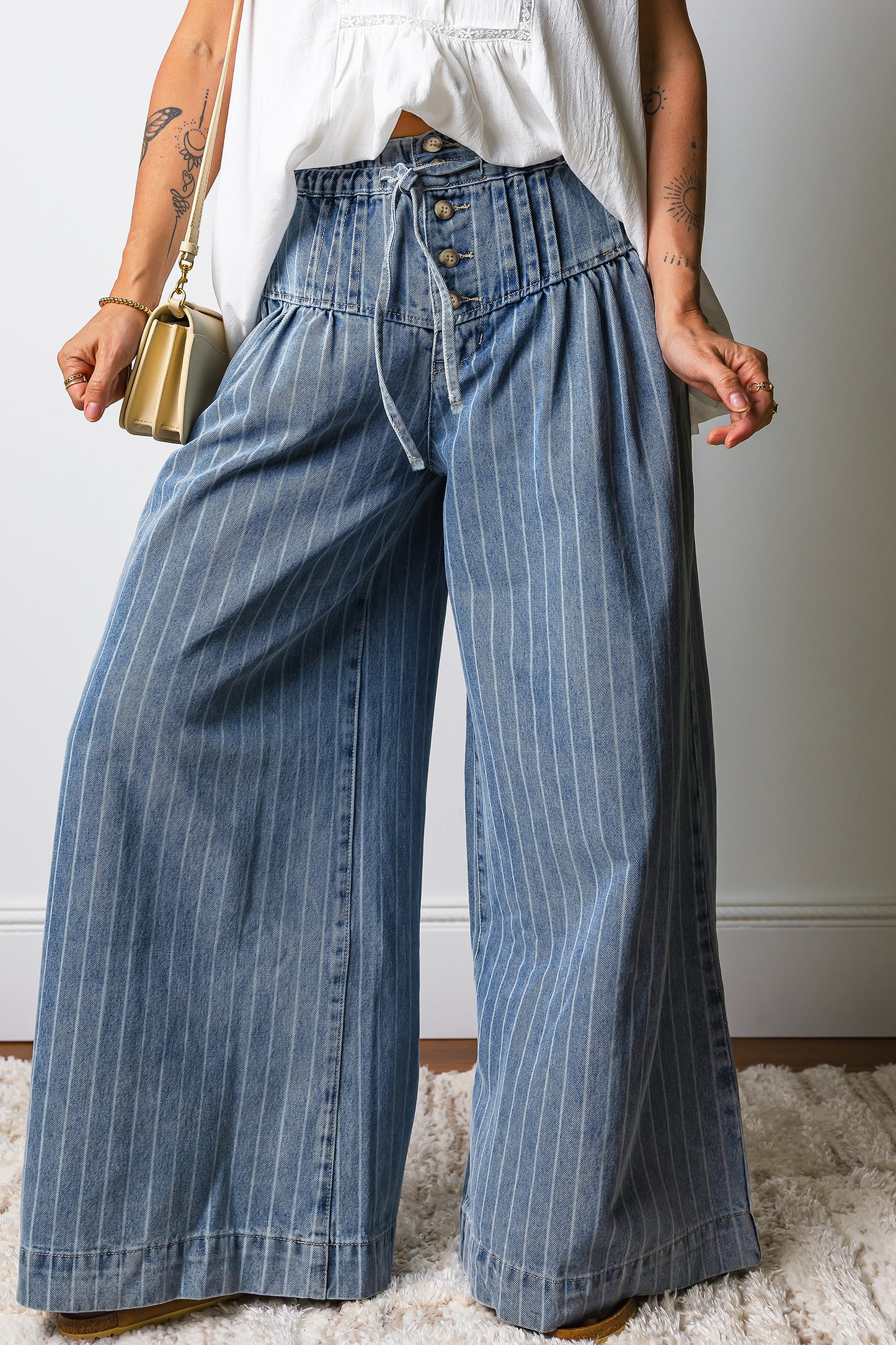 Blue Stripe Pleated Drawstring Casual Wide Leg Jeans. Boho pants