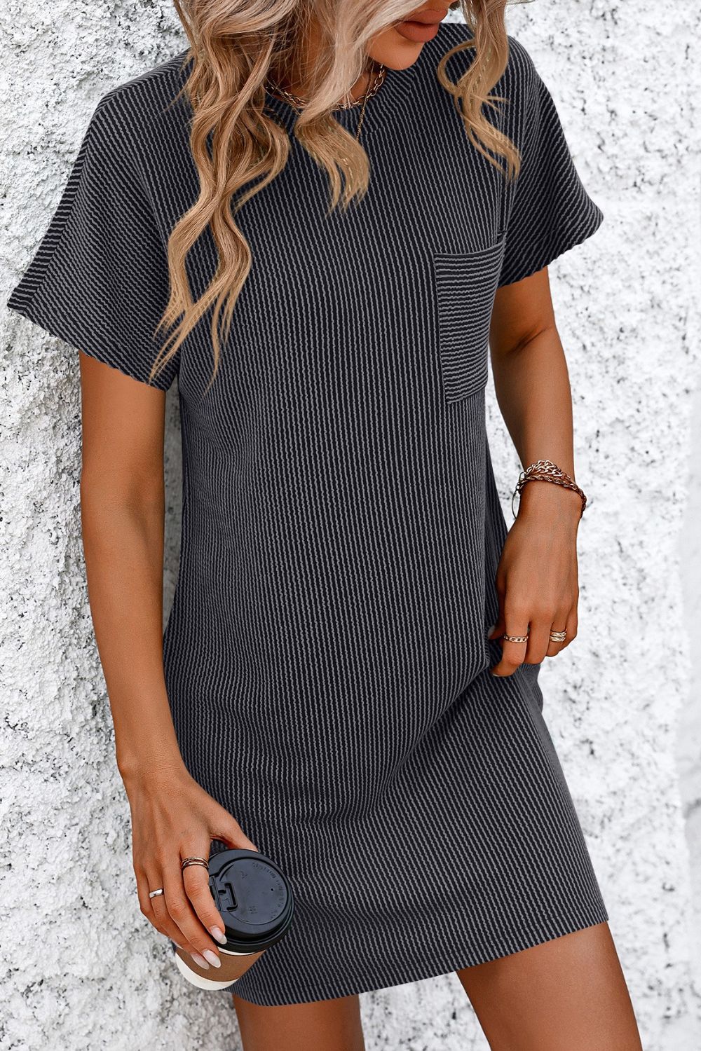 Ribbed Striped Short Sleeve Mini Tee Dress - Scarlett's Riverside Boutique 