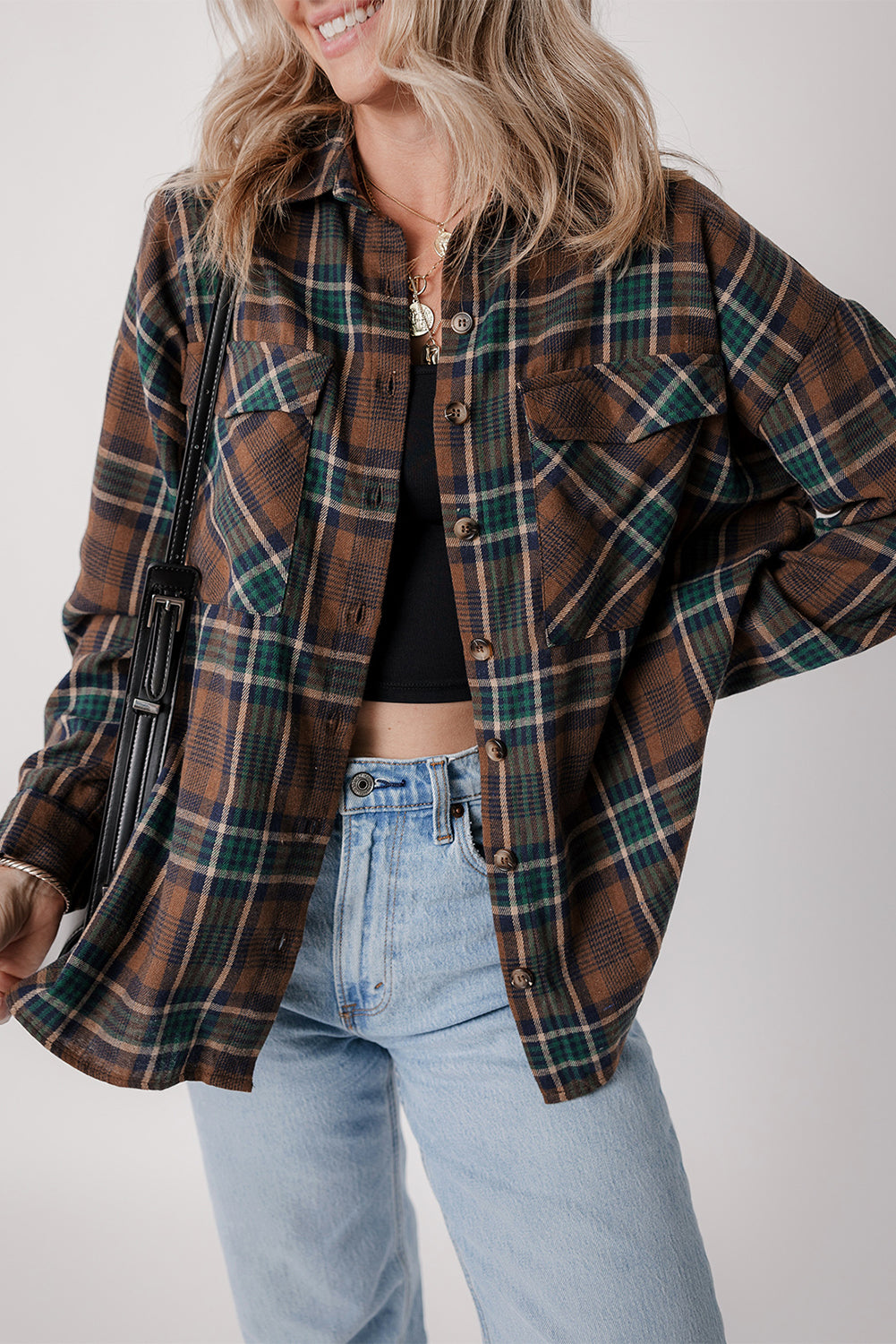 Brown Plaid Print Chest Pockets Buttoned Shirt Jacket - Scarlett's Riverside Boutique 