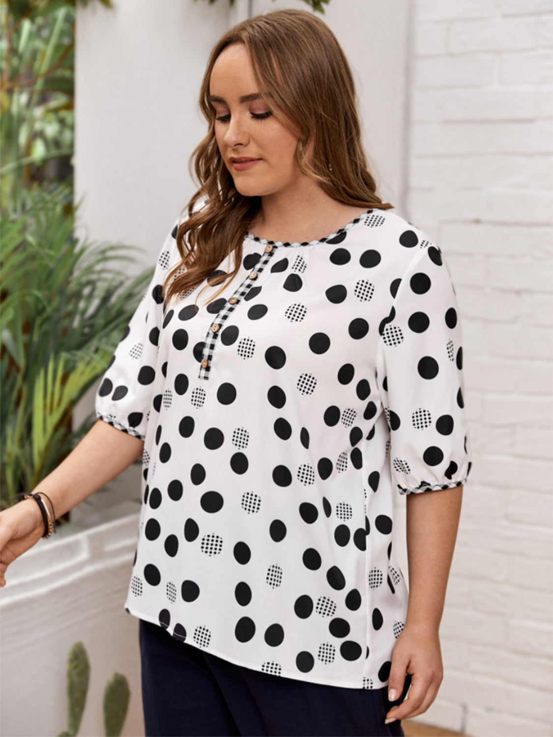 Plus Size Polka Dot Round Neck Half Sleeve Blouse - Scarlett's Riverside Boutique 