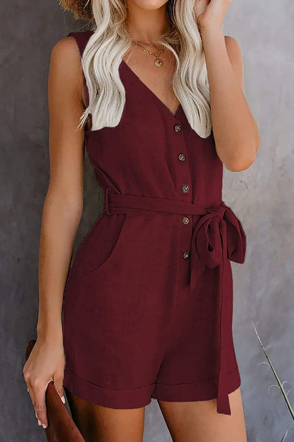 Full Size Tied V-Neck Sleeveless Romper with Pockets - Scarlett's Riverside Boutique 