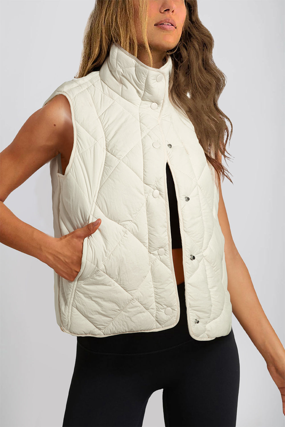 Beige Quilted High Neck Button Up Pocket Vest Coat - Scarlett's Riverside Boutique 