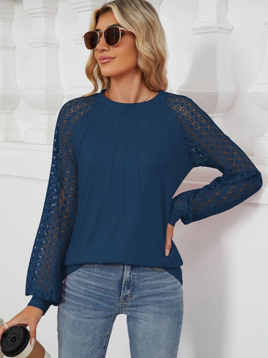 Round Neck Lace Long Sleeve Top - Scarlett's Riverside Boutique 