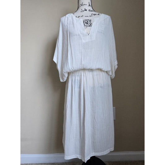 NWT World Market White Gold Stripe Caftan Dress One Size Boho Beach Cover Up Mid