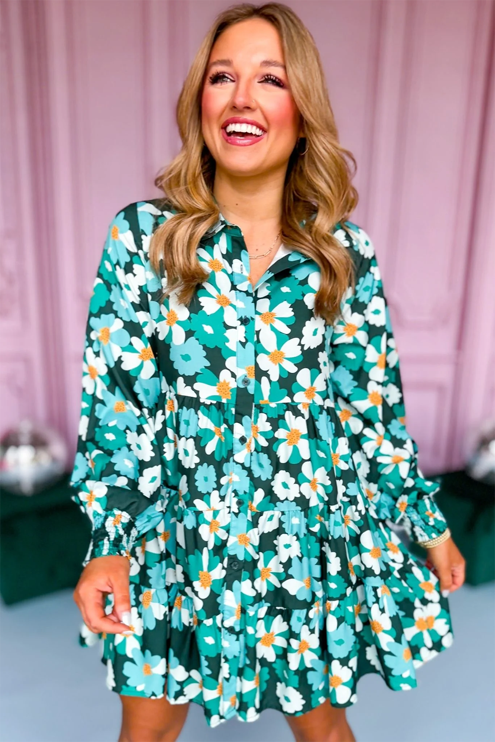 Green Floral Tiered Long Puff Sleeve Shirt Dress - Scarlett's Riverside Boutique 