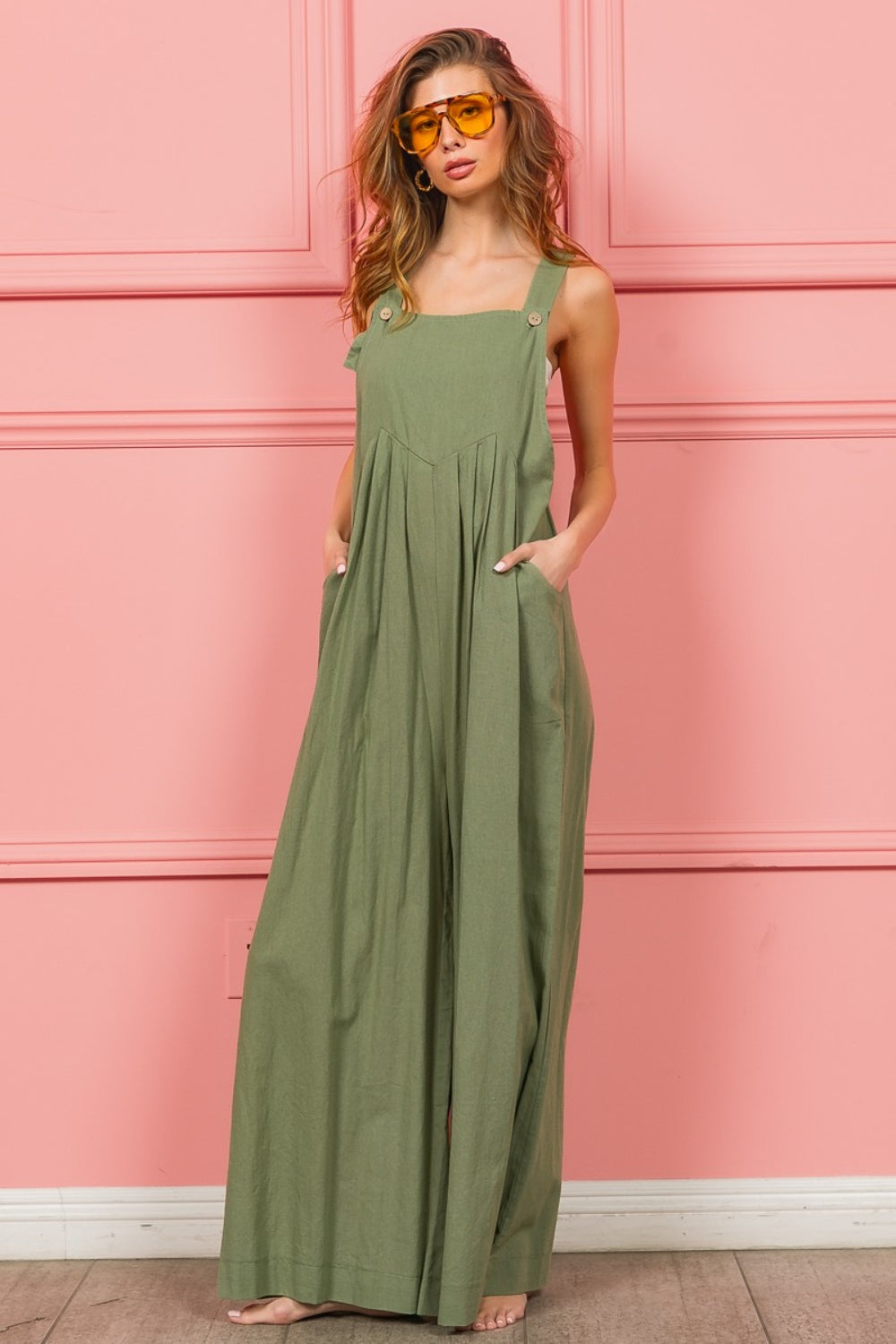 BiBi Ruched Wide Leg Overalls with Pockets - Scarlett's Riverside Boutique 