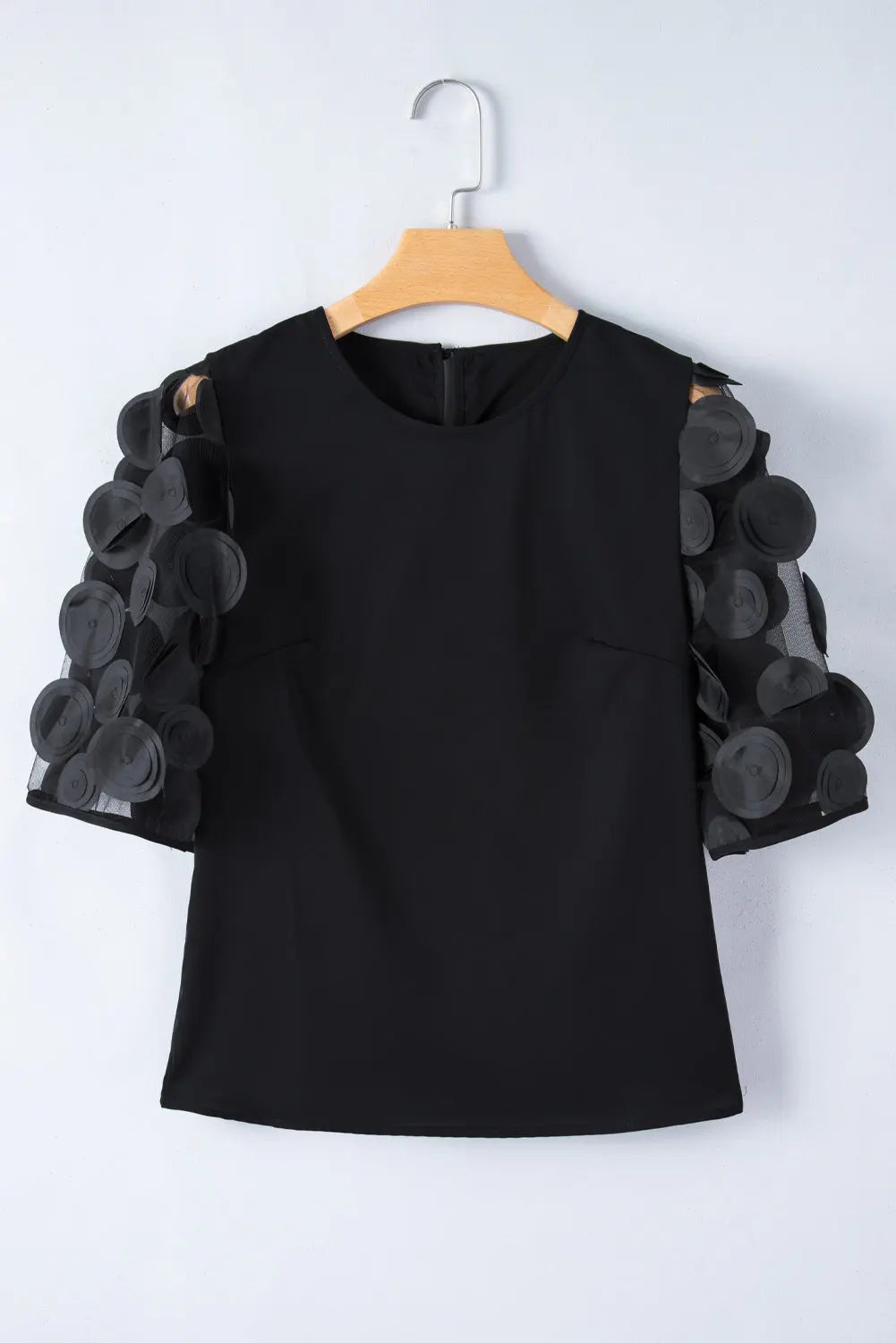 Black Contrast Applique Mesh Half Sleeve Blouse - Scarlett's Riverside Boutique 