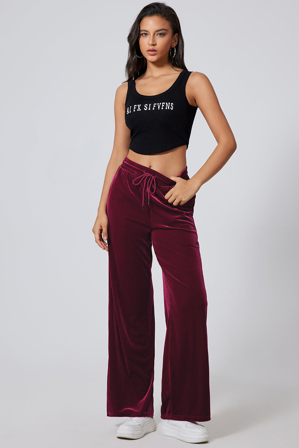 Burgundy Solid Drawstring Waist Wide Leg Pants - Scarlett's Riverside Boutique 