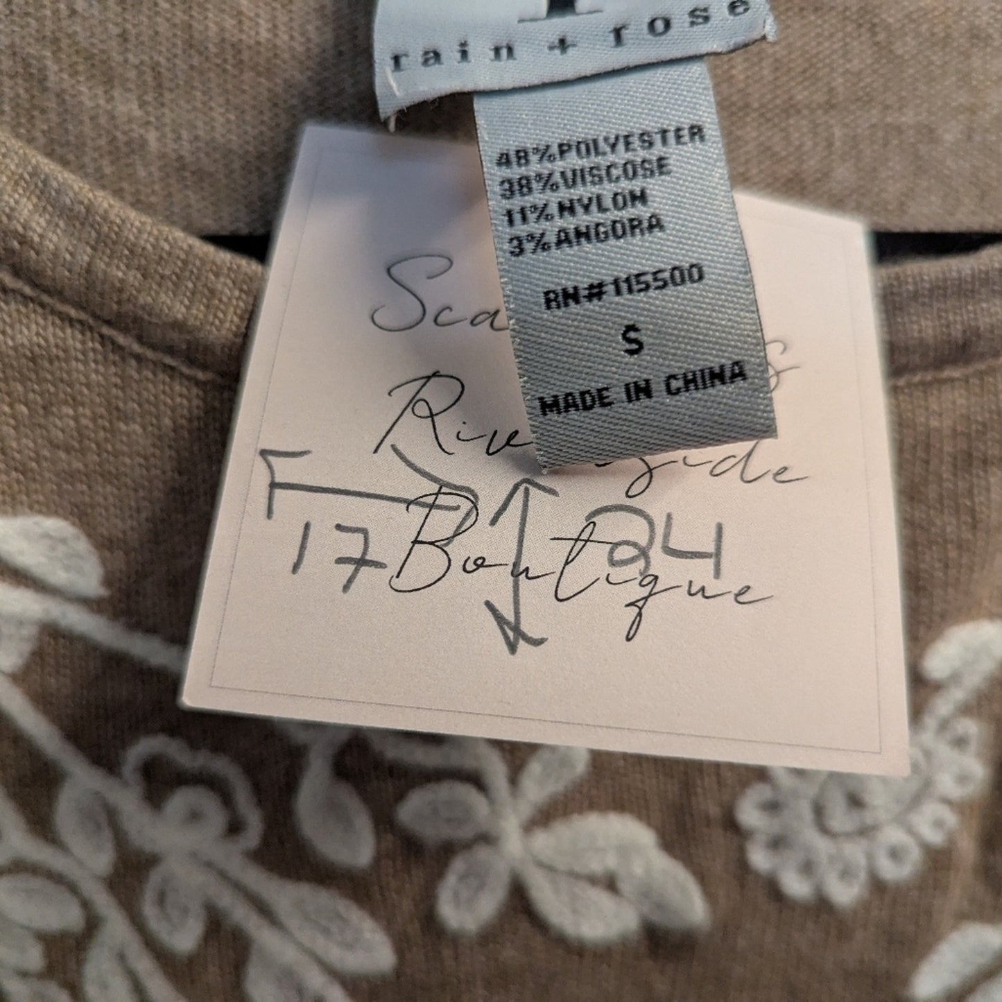Tan Sweater with White Floral Embroidery, Size S