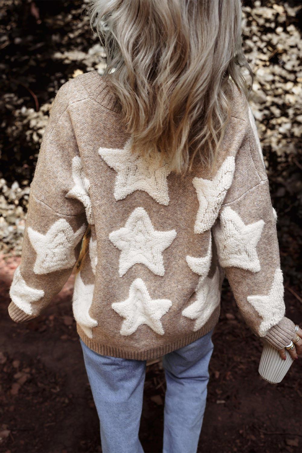 Khaki Sherpa Star Pattern Textured Sweater Cardigan with Pockets - Scarlett's Riverside Boutique 