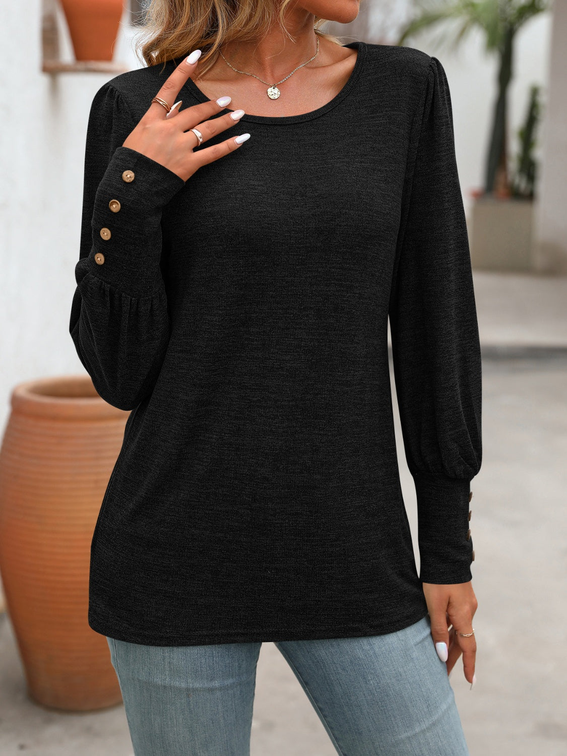 Decorative Button Round Neck Long Sleeve T-Shirt - Scarlett's Riverside Boutique 