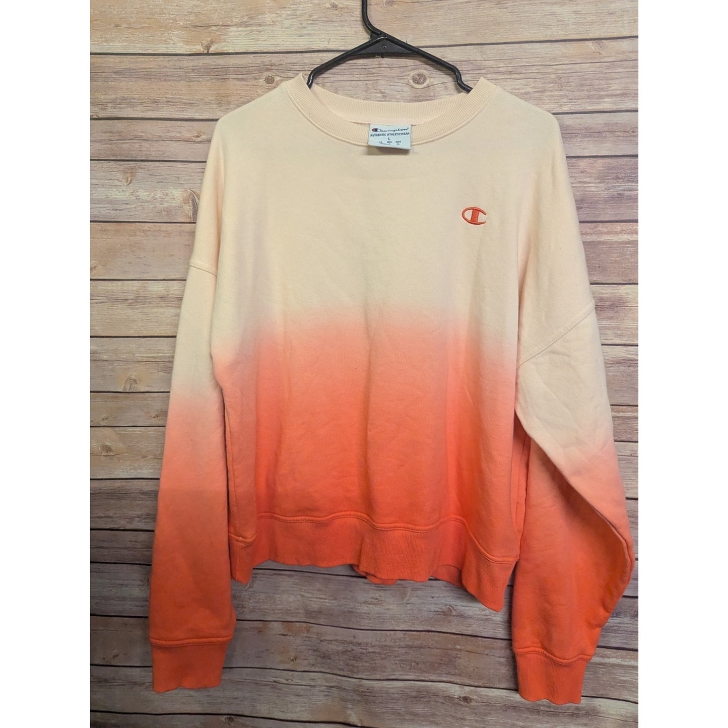 Champion Reverse Weave Sweatshirt Large Orange Ombre Crewneck Pullover Logo Slee