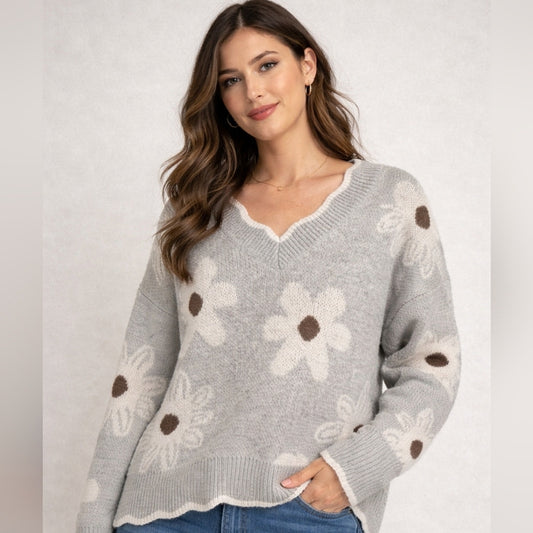 NWT Floral Knit V-Neck Sweater – Gray Daisy Print Pullover – Size Medium