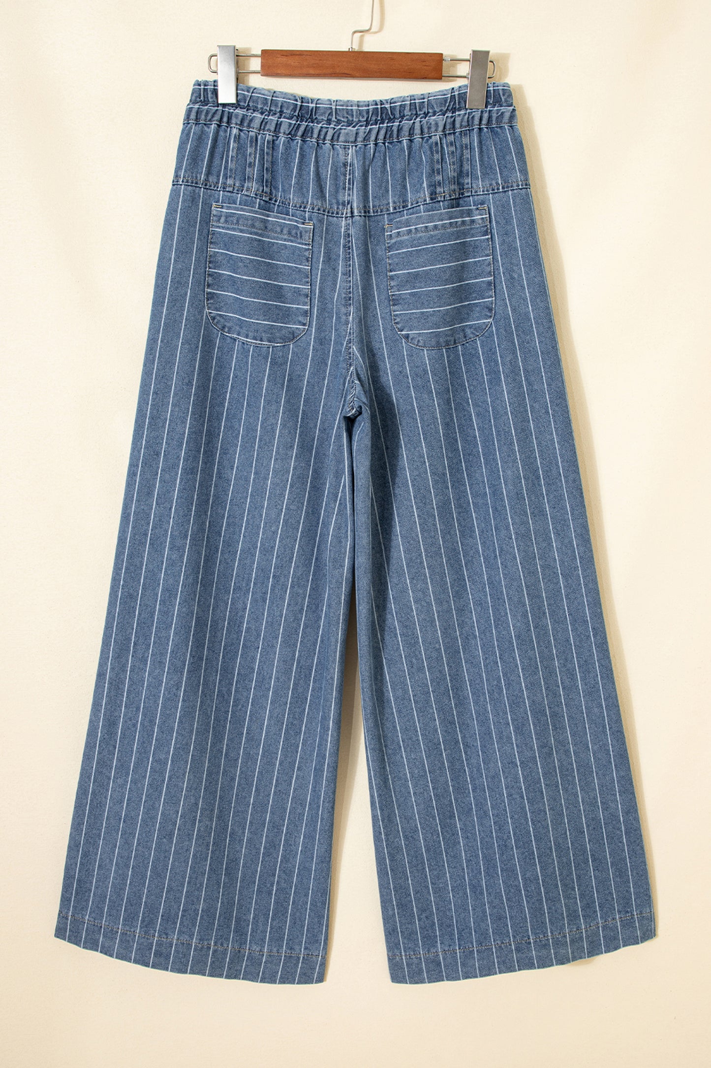 Blue Stripe Pleated Drawstring Casual Wide Leg Jeans. Boho pants