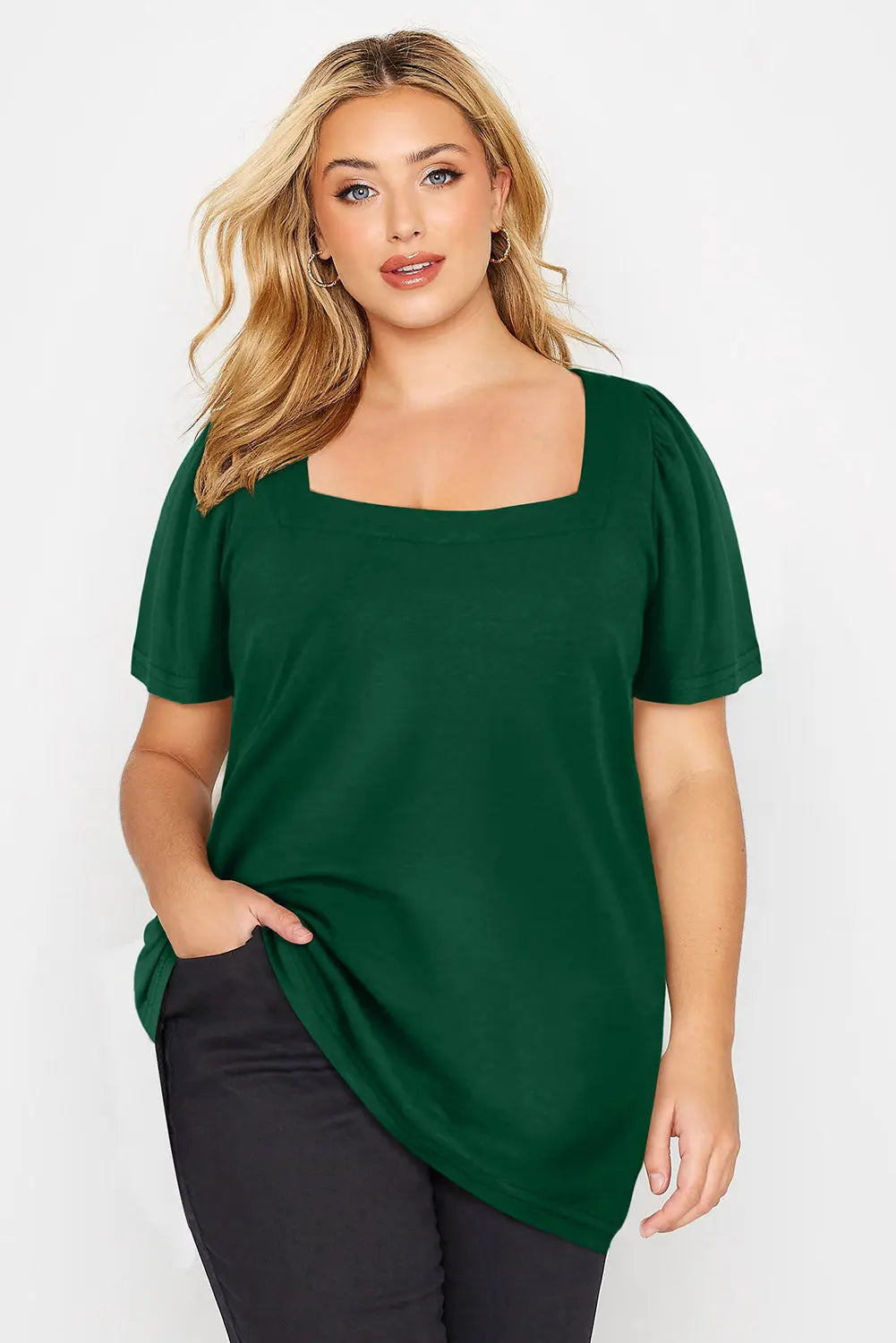 Green Plus Size Square Neck Ruched Shoulder Short Sleeve Top - Scarlett's Riverside Boutique 