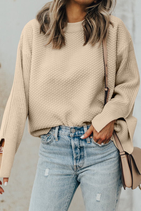 Parchment Solid Textured Knit Split Cuff Drop Shoulder Loose Sweater black or cream available!
