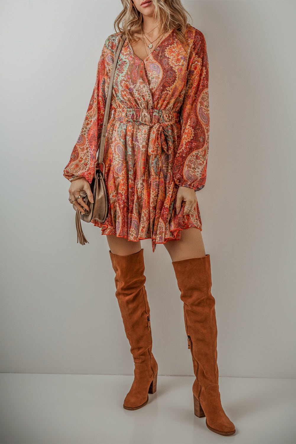 Orange Boho Paisley Print Long Sleeve Pleated Belted Mini Dress - Scarlett's Riverside Boutique 