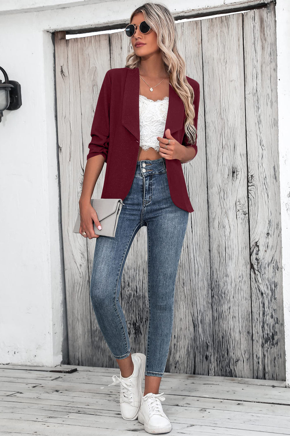 One Button Collared Neck Ruched Sleeve Blazer - Scarlett's Riverside Boutique 