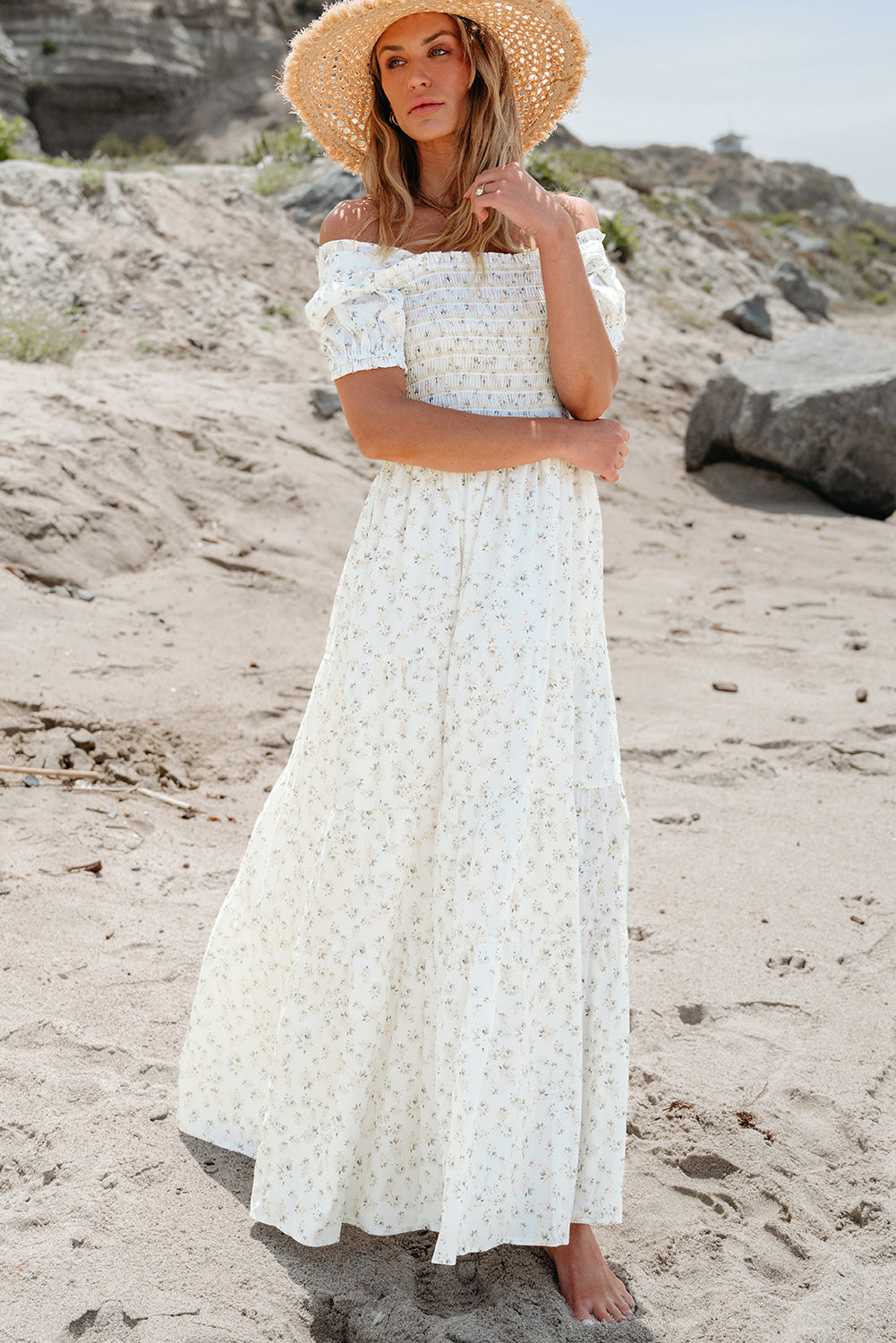 White Frilly Shirred Bodice Tiered Floral Maxi Dress - Scarlett's Riverside Boutique 