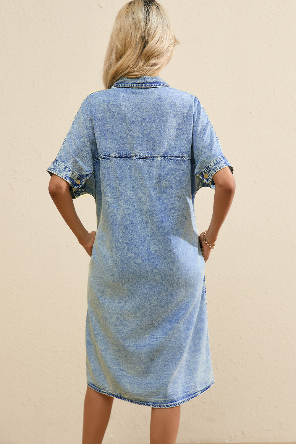 Light Blue Loose Medium Wash Short Sleeve Shirt Chambray Dress - Scarlett's Riverside Boutique 