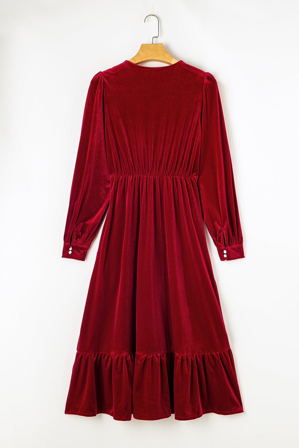 Racing Red Velvet Buttoned Puff Sleeve V Neck Split Midi Dress - Scarlett's Riverside Boutique 