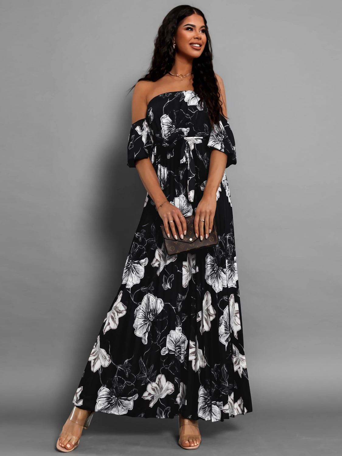 Pleated Floral Off-Shoulder Short Sleeve Midi Dress - Scarlett's Riverside Boutique 