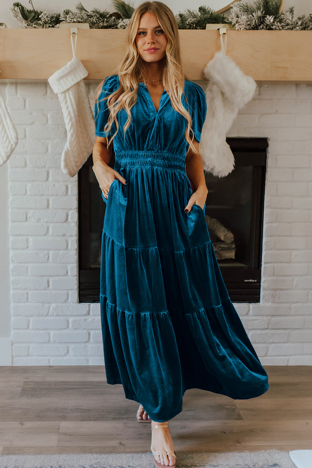 Prussian Blue Velvet Short Sleeve Shirred Waist Tiered Maxi Dress - Scarlett's Riverside Boutique 