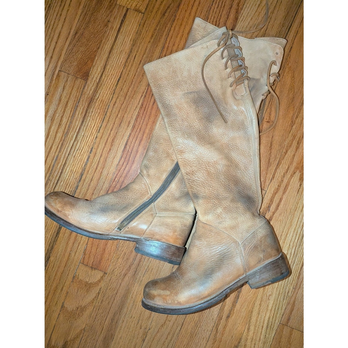 Bed Stu Tall Lace Up Leather Boots Womens Size 7.5 Tan Distressed Bench Made Sid