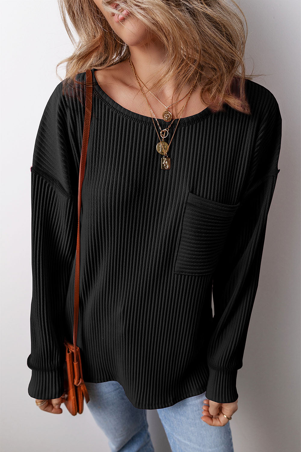 Pocketed Round Neck Long Sleeve Top - Scarlett's Riverside Boutique 