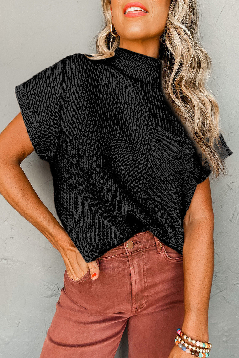 Black Patch Pocket Ribbed Knit Short Sleeve Sweater - Scarlett's Riverside Boutique 