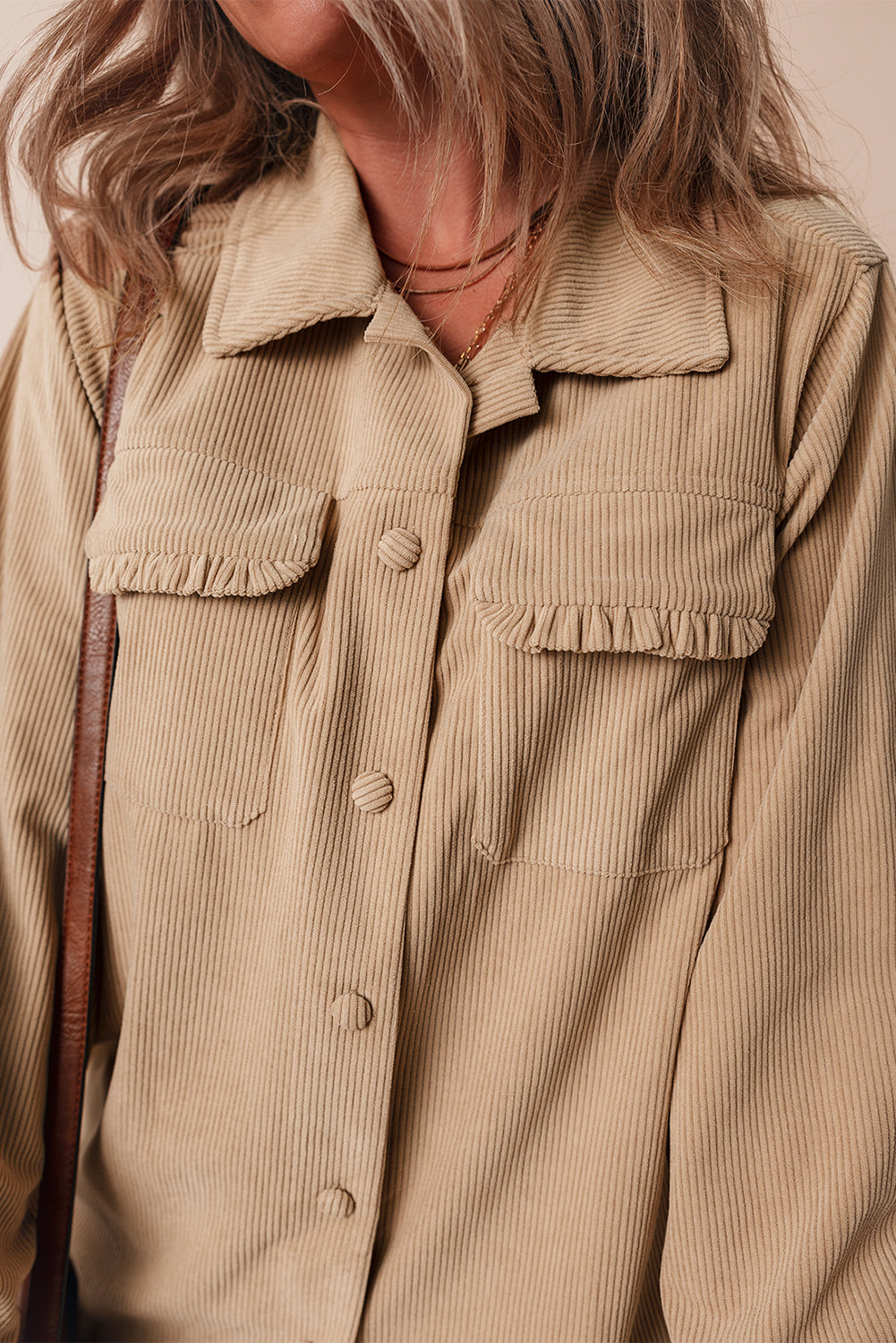 Light French Beige Solid Frilled Flap Pocket Button Up Corduroy Shacket - Scarlett's Riverside Boutique 