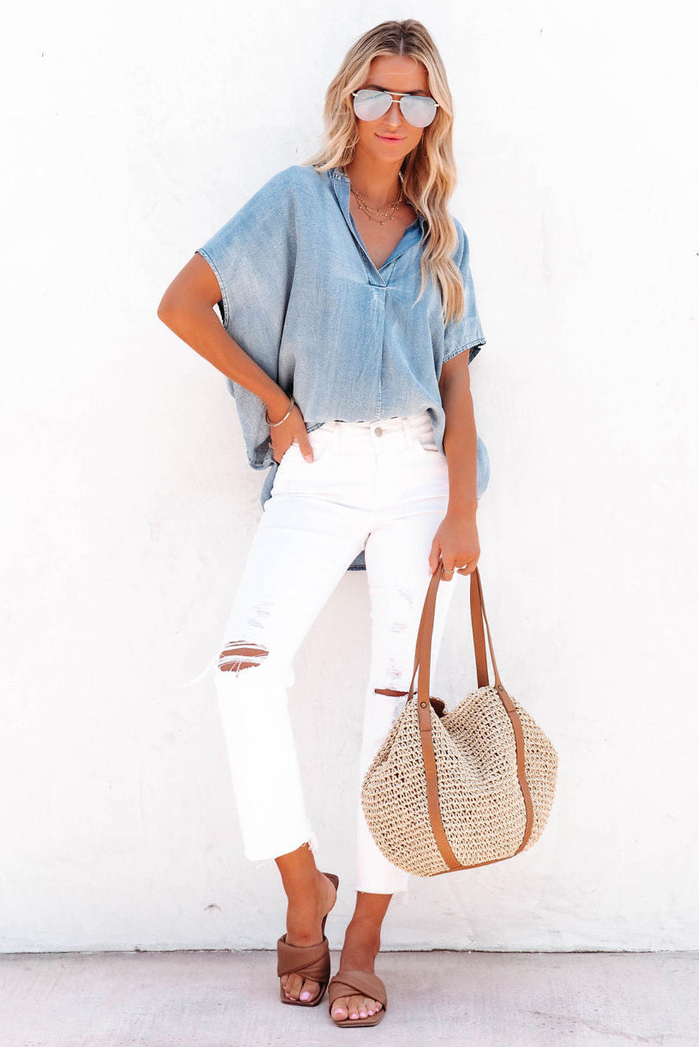 Sky Blue Split V Neck Oversized Denim Blouse - Scarlett's Riverside Boutique 