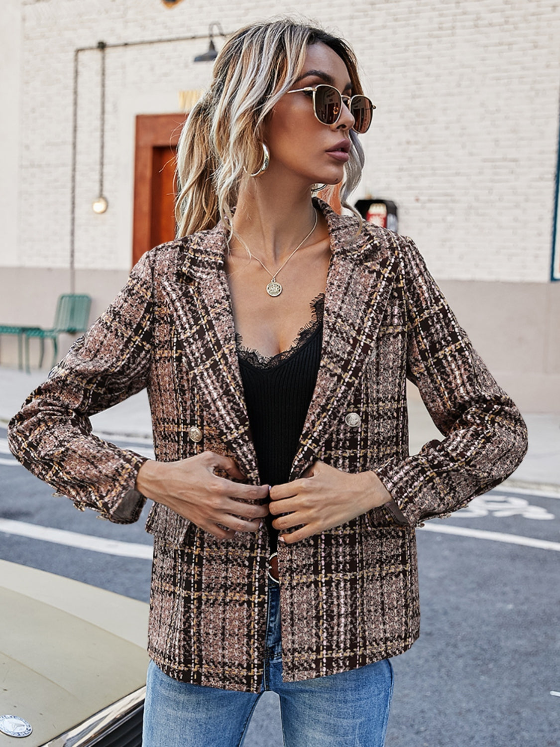 Full Size Plaid Lapel Collar Blazer - Scarlett's Riverside Boutique 