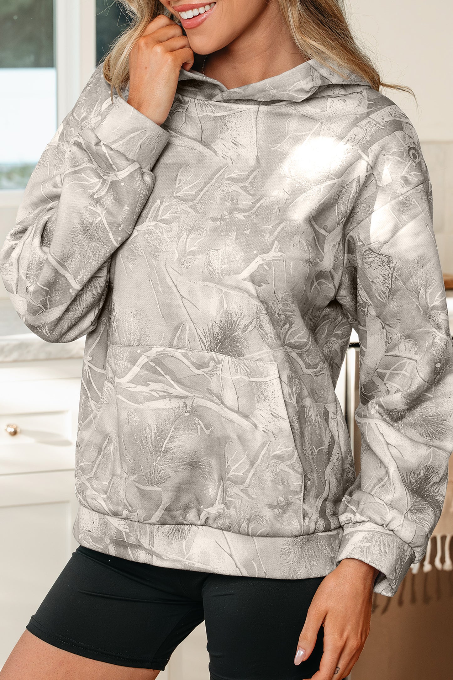 Gray Camouflage Woodland Print Oversized Sporty Hoodie