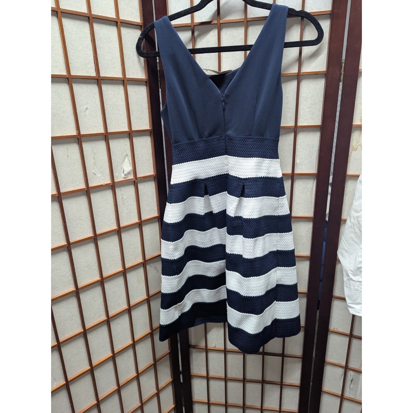 New York & Company Dress XS Navy Cream Striped Fit & Flare Sleeveless NWT