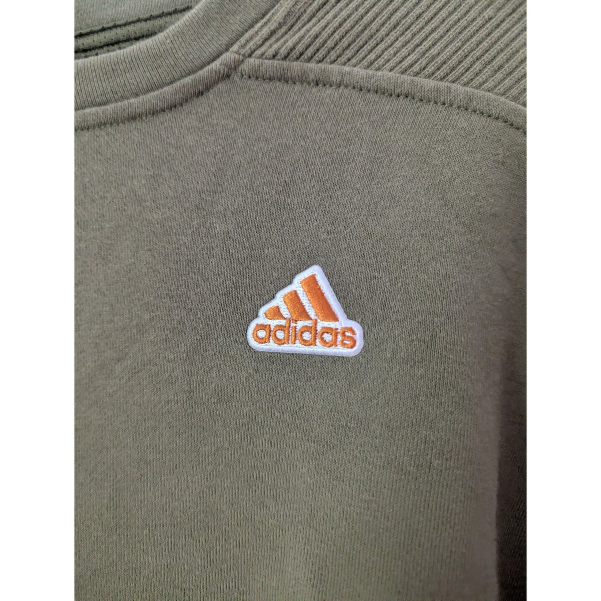 Adidas Mens Olive Green Crewneck Sweatshirt Ribbed Shoulder Detail Orange Logo