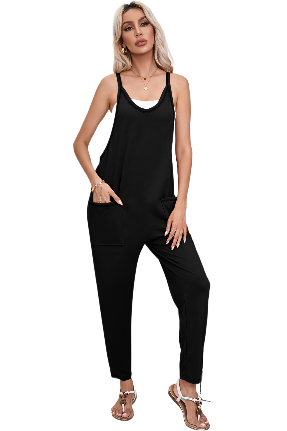 Black Side Pockets Harem Pants Sleeveless V Neck Jumpsuit - Scarlett's Riverside Boutique 