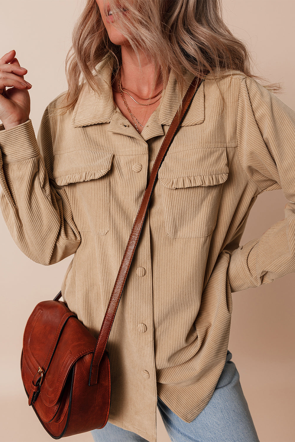 Light French Beige Solid Frilled Flap Pocket Button Up Corduroy Shacket - Scarlett's Riverside Boutique 