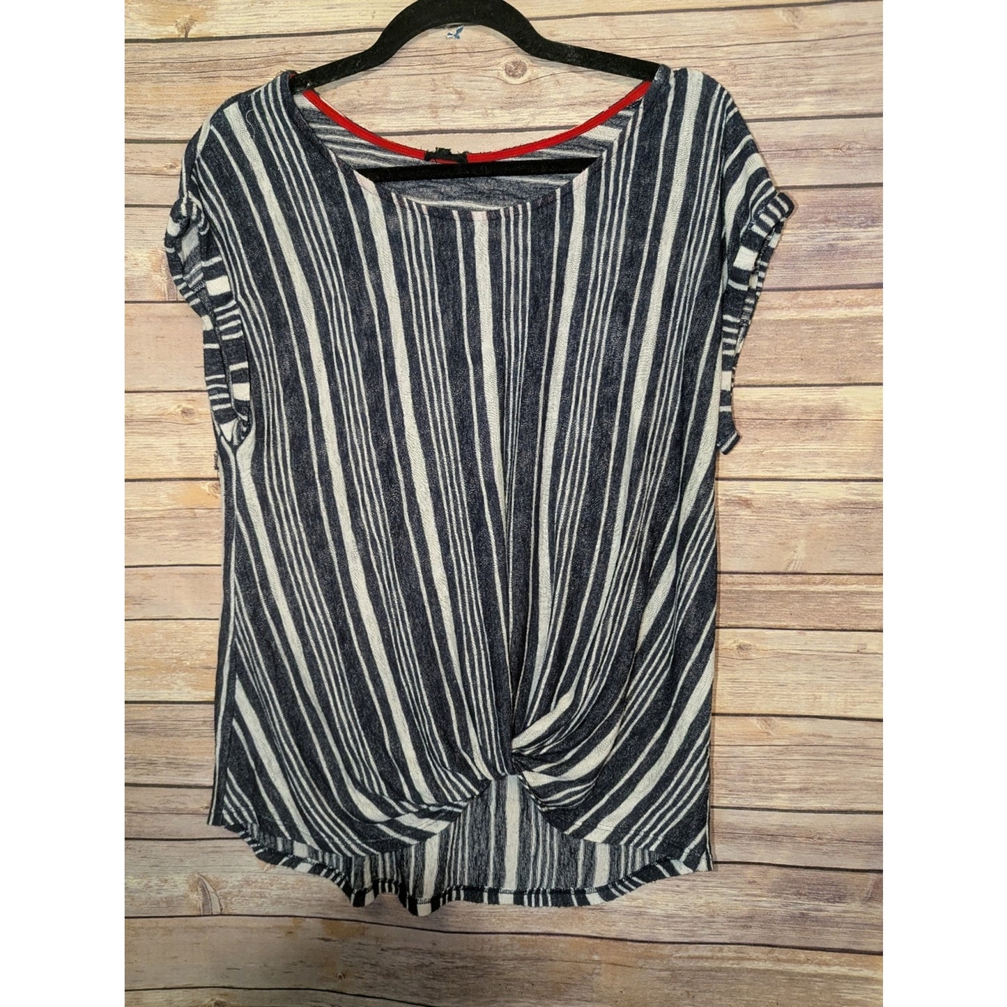 Striped Twist Front Top Short Sleeve Blue White Blouse Casual Lightweight Sz. M