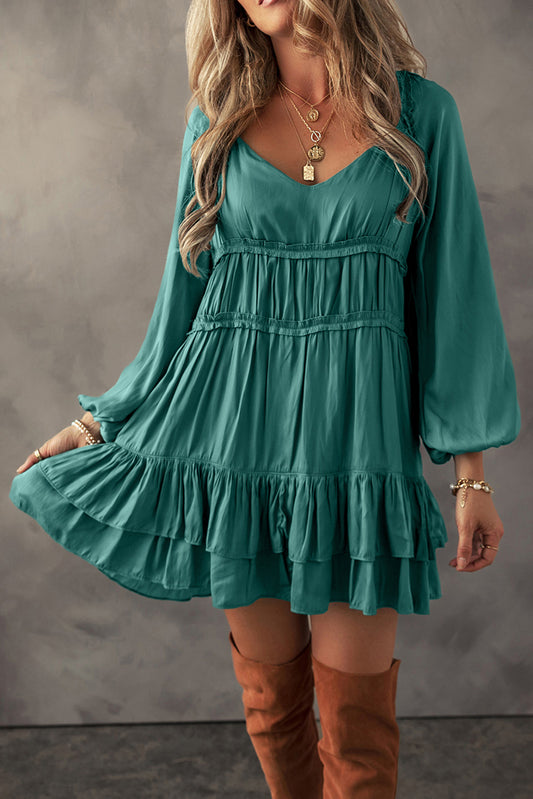 Mist Green Tiered Ruffled Puff Sleeve Loose Fit Mini Dress - Scarlett's Riverside Boutique 