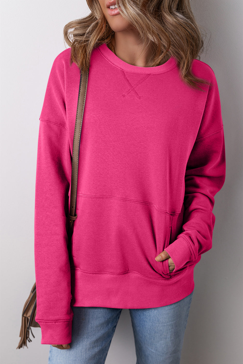 Rose Red Drop Shoulder Crisscross Stitching Pocketed Loose Sweatshirt - Scarlett's Riverside Boutique 