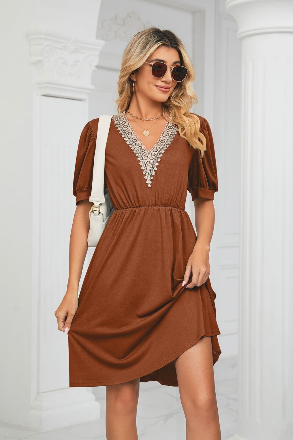 Contrast V-Neck Puff Sleeve Pocket Dress - Scarlett's Riverside Boutique 